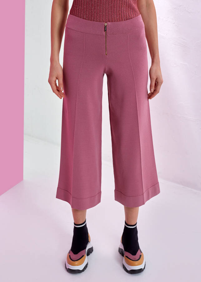 Geniş Paça Pembe Trıko Pantolon - 1