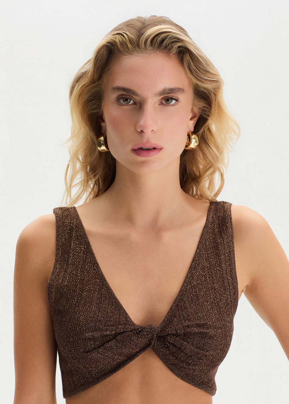 BRONZE SHIMMERY CROP KNIT TOP - 1