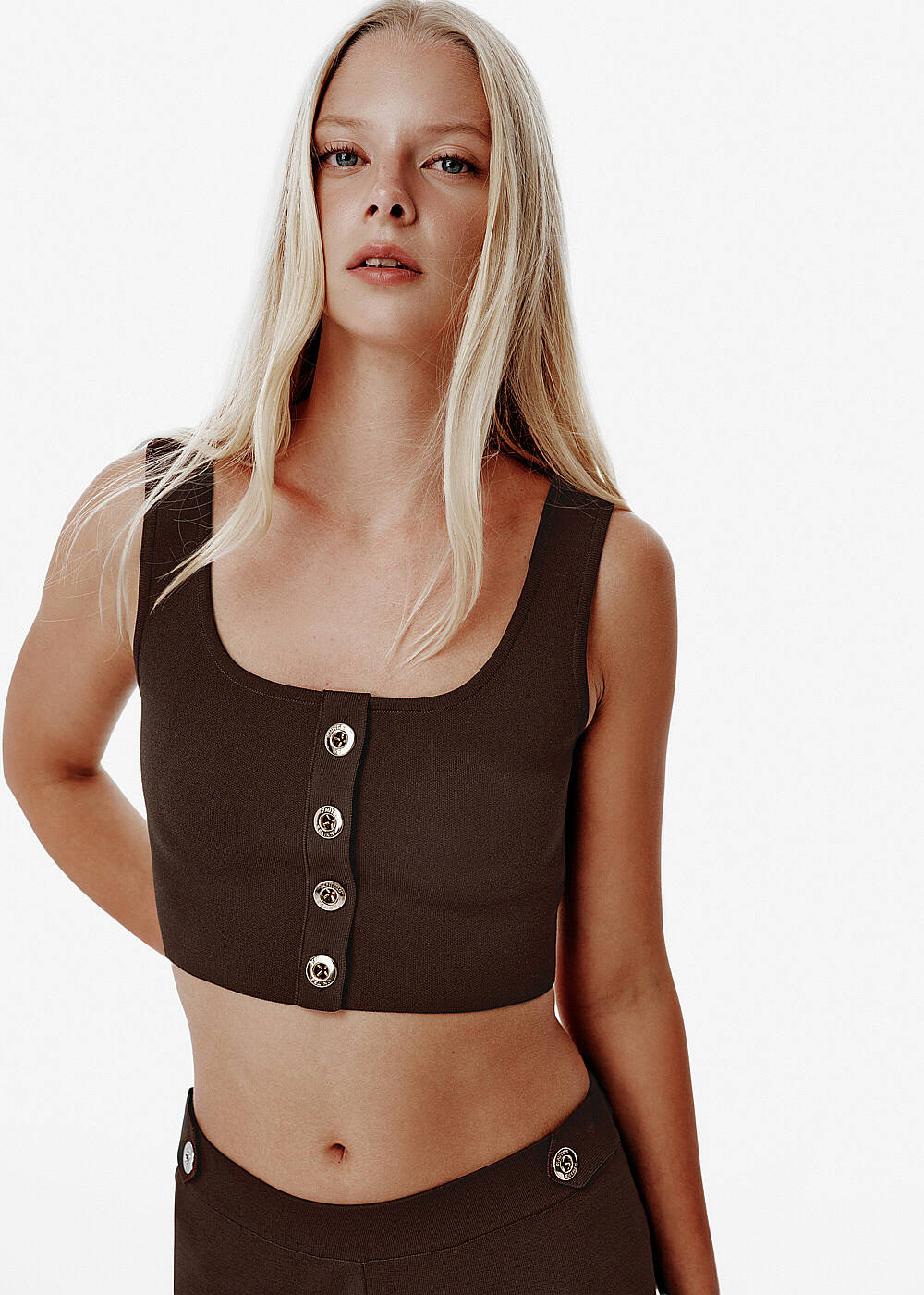 Button-Detail Brown Cropped Knit Top - 1