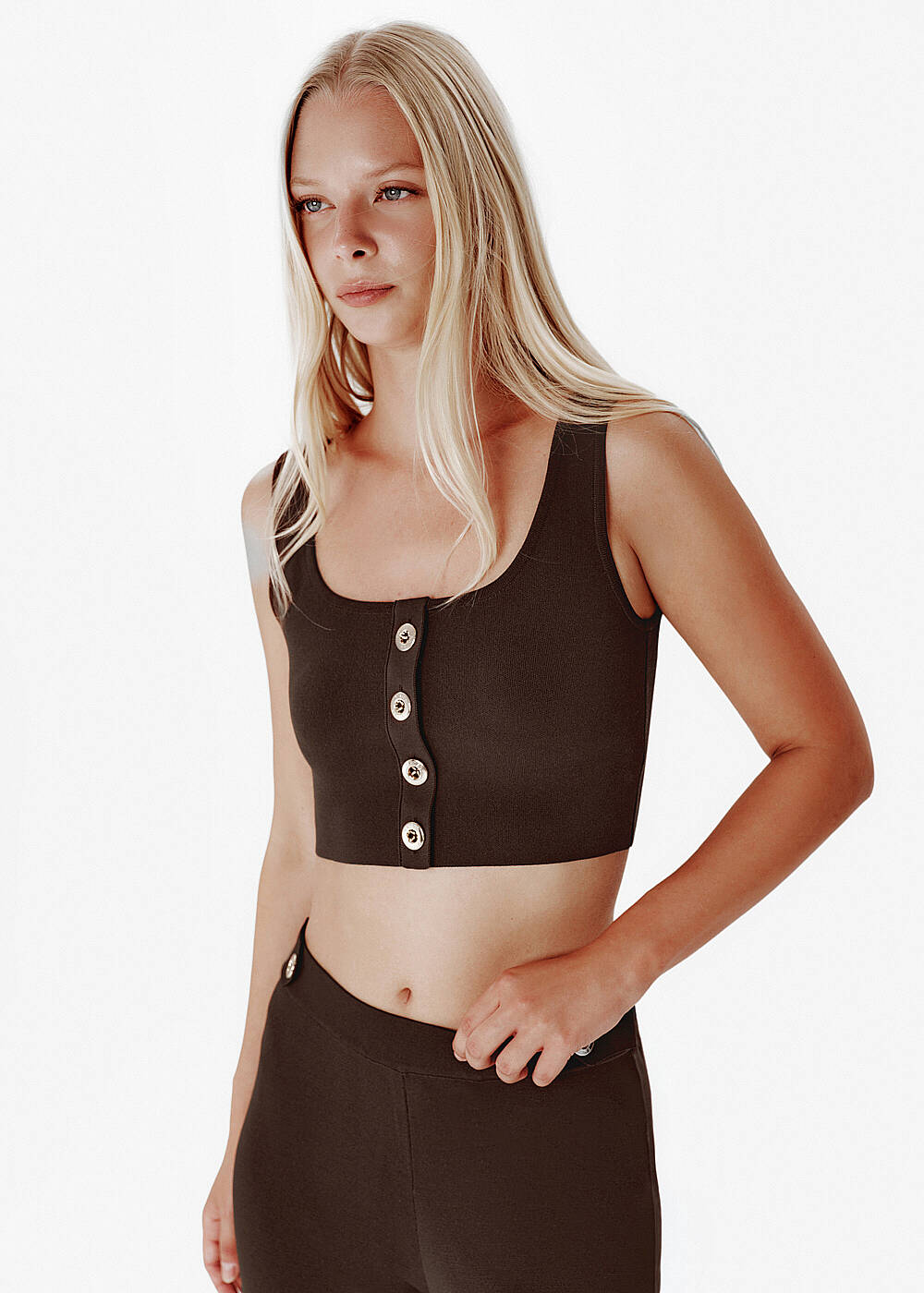 Button-Detail Brown Cropped Knit Top - 2