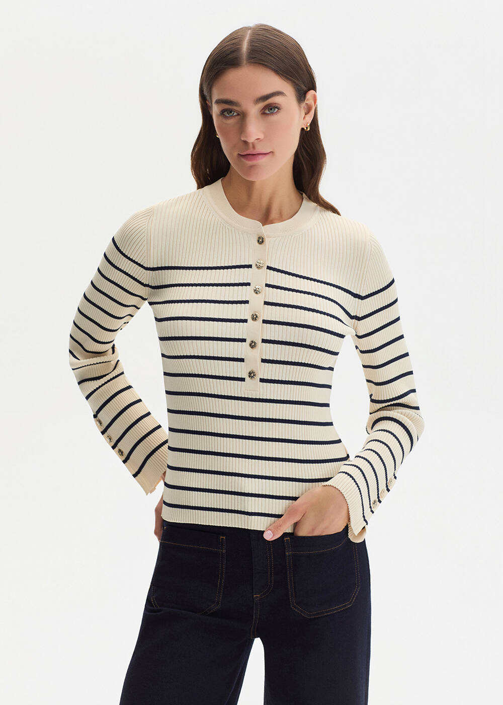 BUTTONED COLLAR SAND NAVY STRIPED KNIT - 1