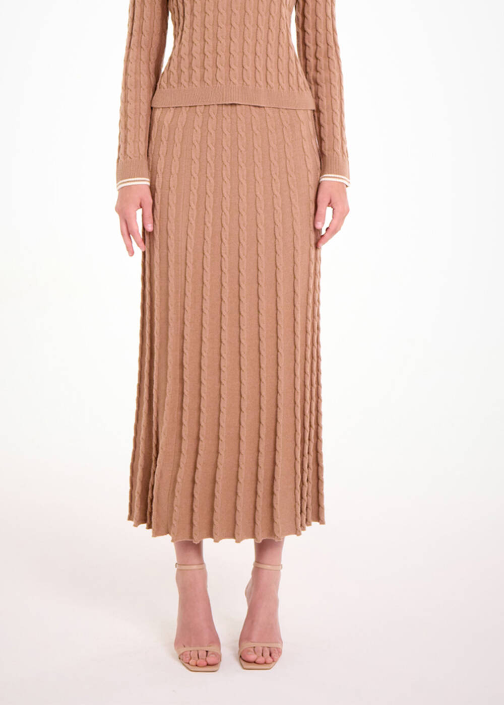 Cable Contrast Midi Leg Camel Knit Skirt Knitss