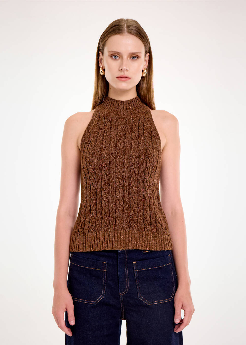 CABLE DETAİLED GLITTER COFFEE KNIT TOP - 1