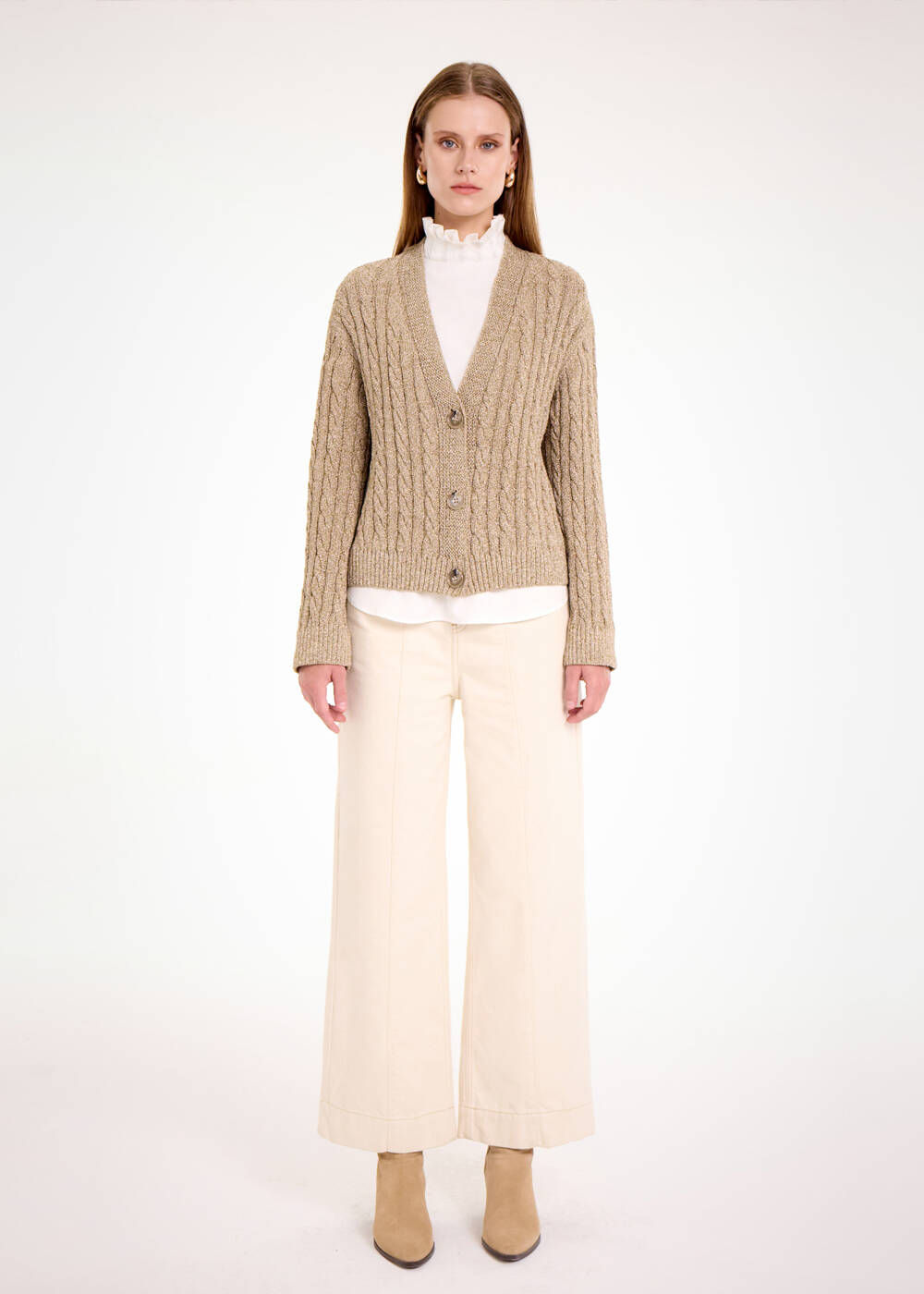 CABLE DETAİLED GLITTER LATTE KNIT CARDİGAN - 2