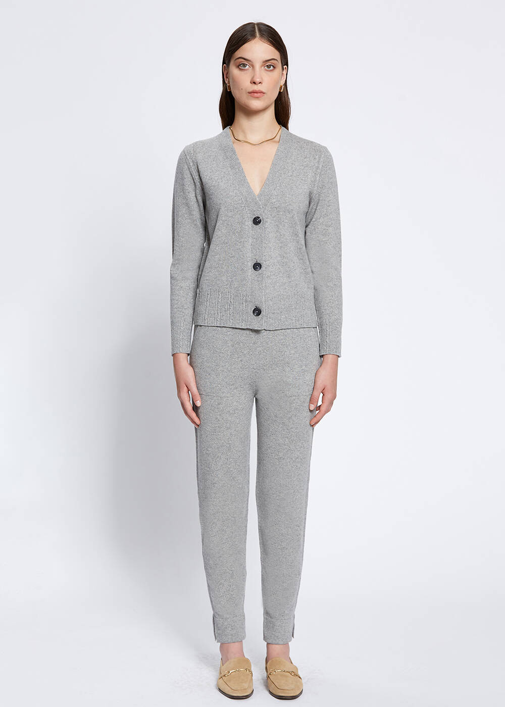 Cable Detailed Grey Cashmere Knit Cardigan - 2