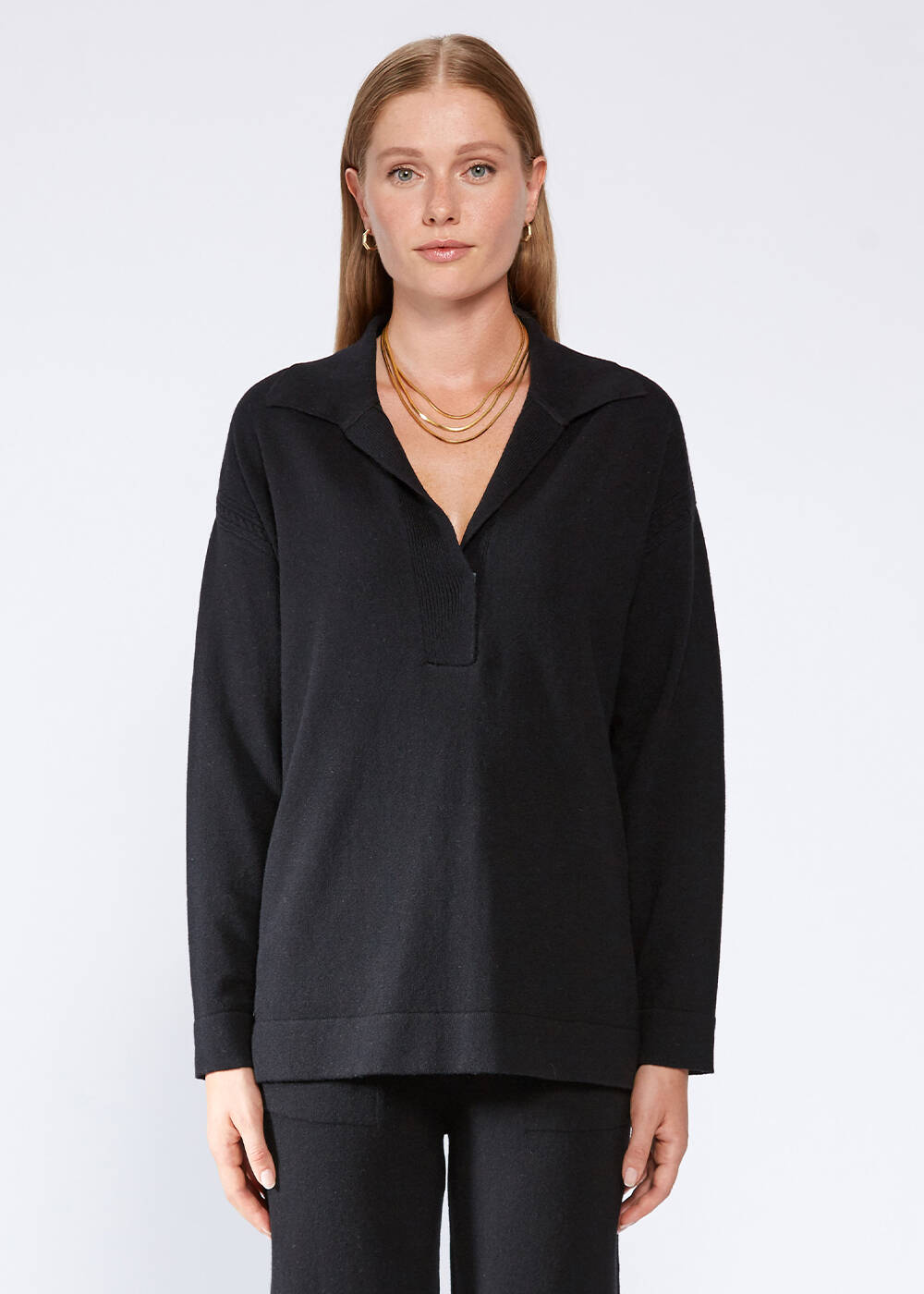 Cable Detailed Polo Neck Black Cashmere Sweater - 1