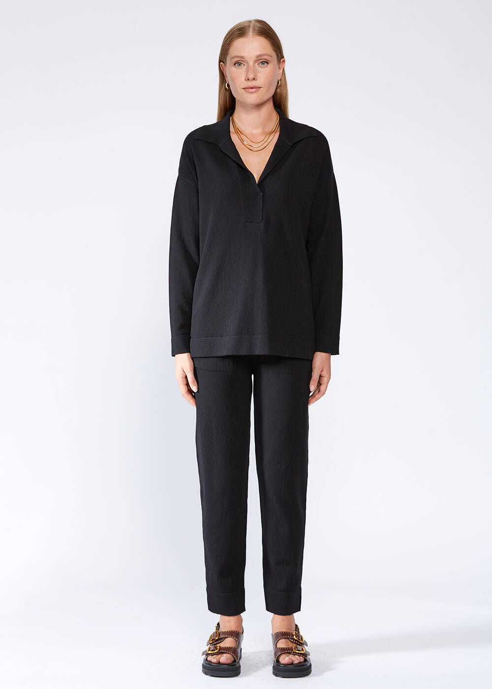 Cable Detailed Polo Neck Black Cashmere Sweater - 2