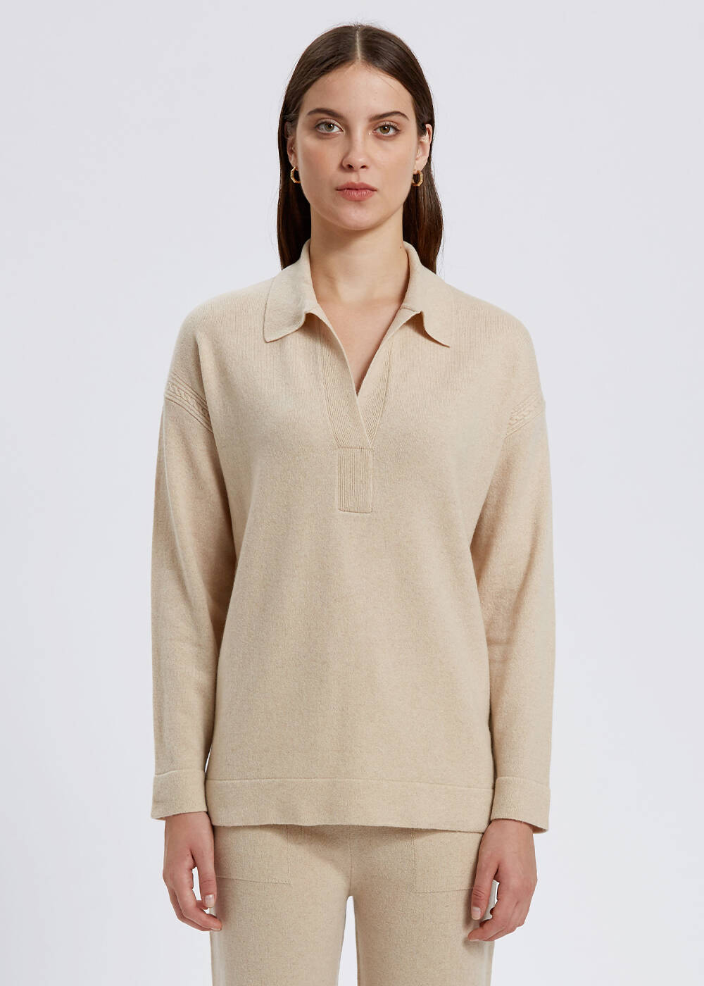Cable Detailed Polo Neck Cream Cashmere Sweater - 1