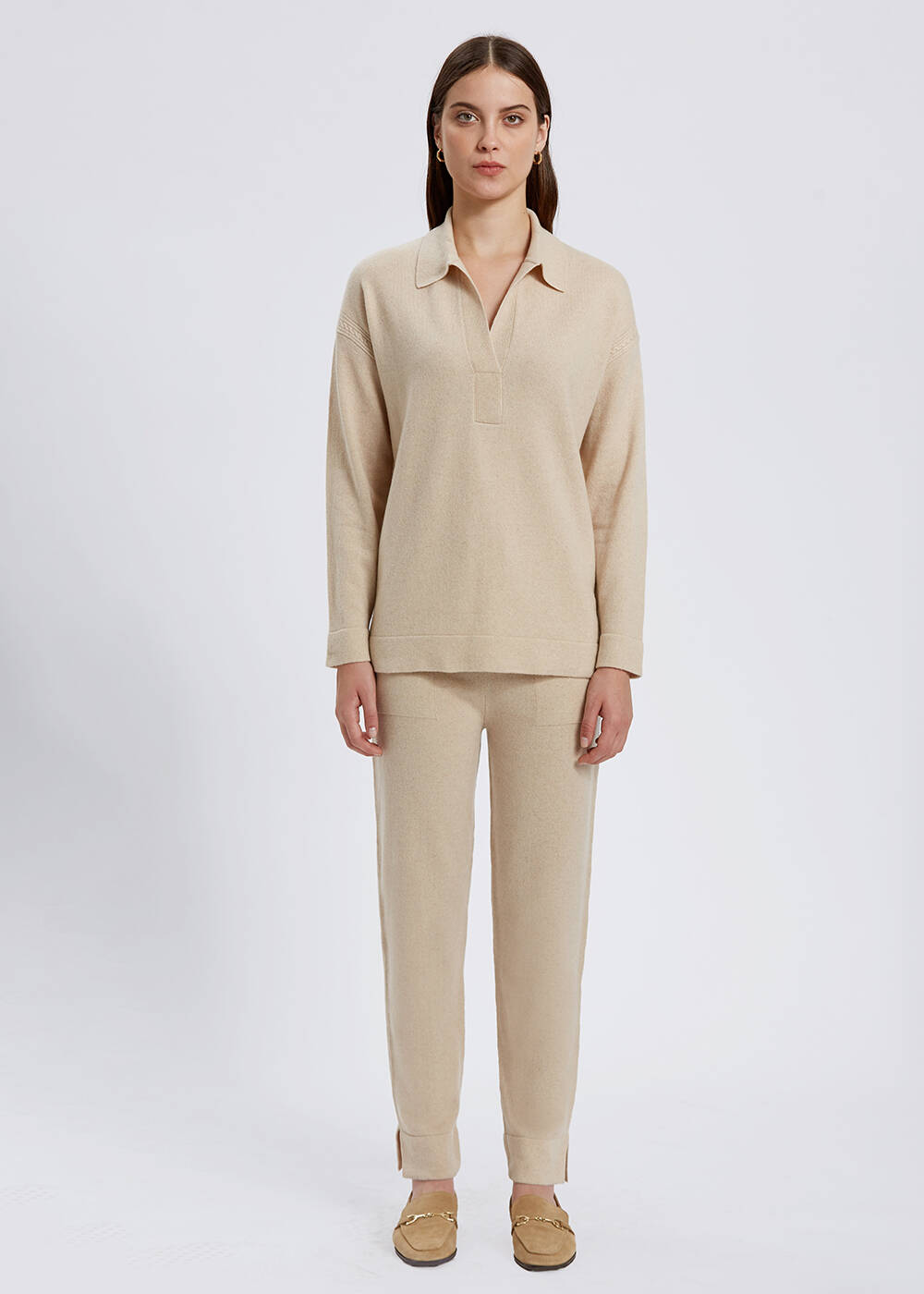 Cable Detailed Polo Neck Cream Cashmere Sweater - 2