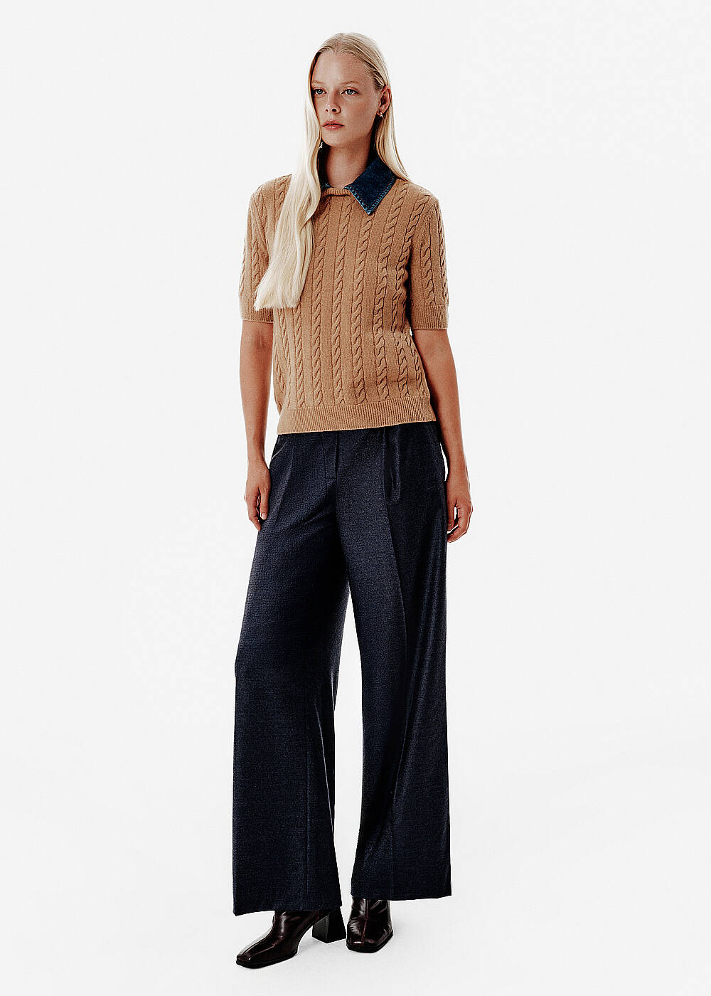 Cable Knit Denim-Collar Brown Top - 1