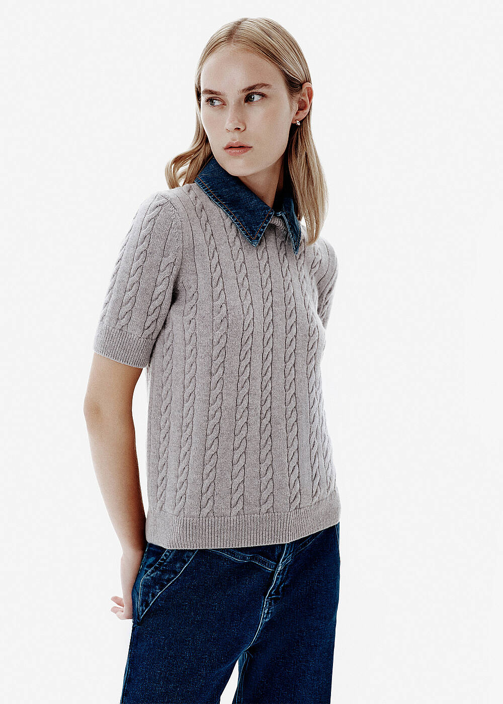 Cable Knit Denim-Collar Grey Top - 2