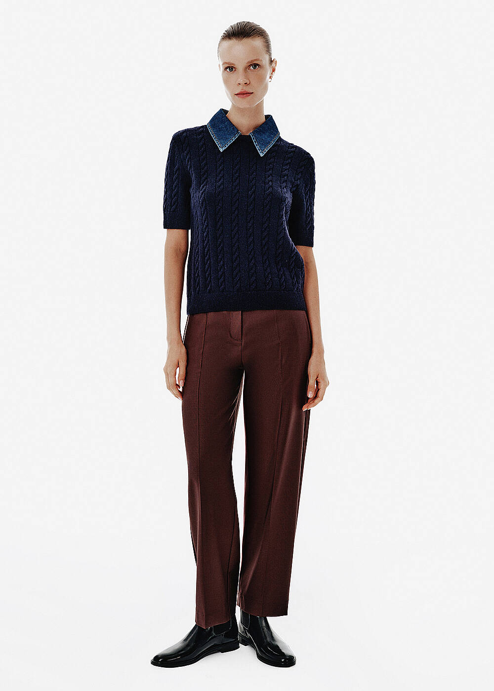 Cable Knit Denim-Collar Navy Top - 2