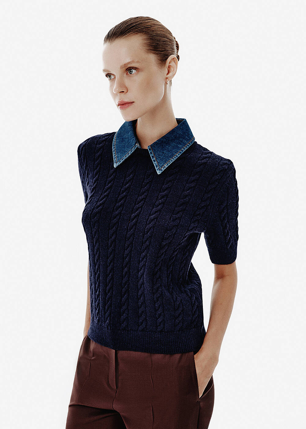 Cable Knit Denim-Collar Navy Top - 1