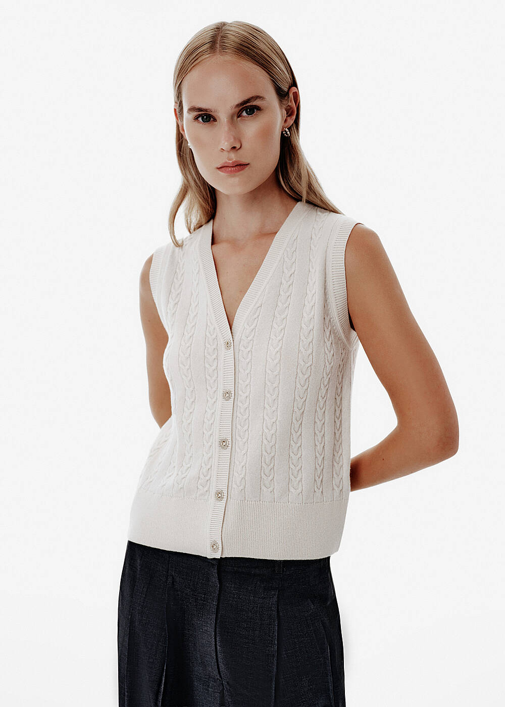 Cable Knit Detail Ecru Vest - 1