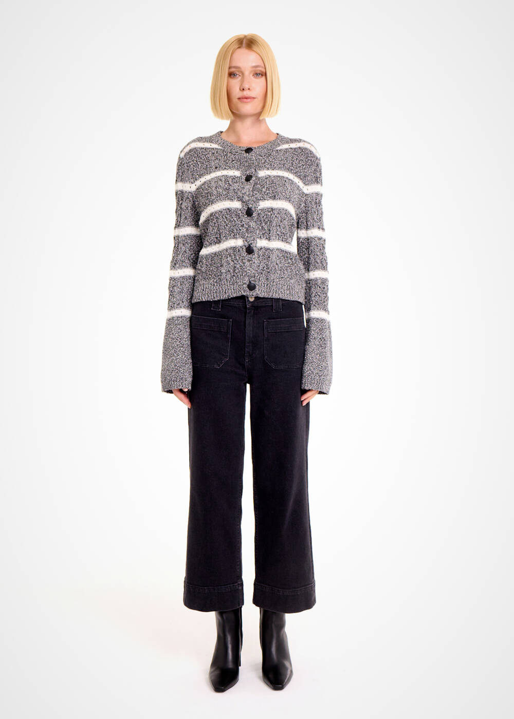 CABLE PATTERN BLACK MOULINE KNIT CARDIGAN - 2