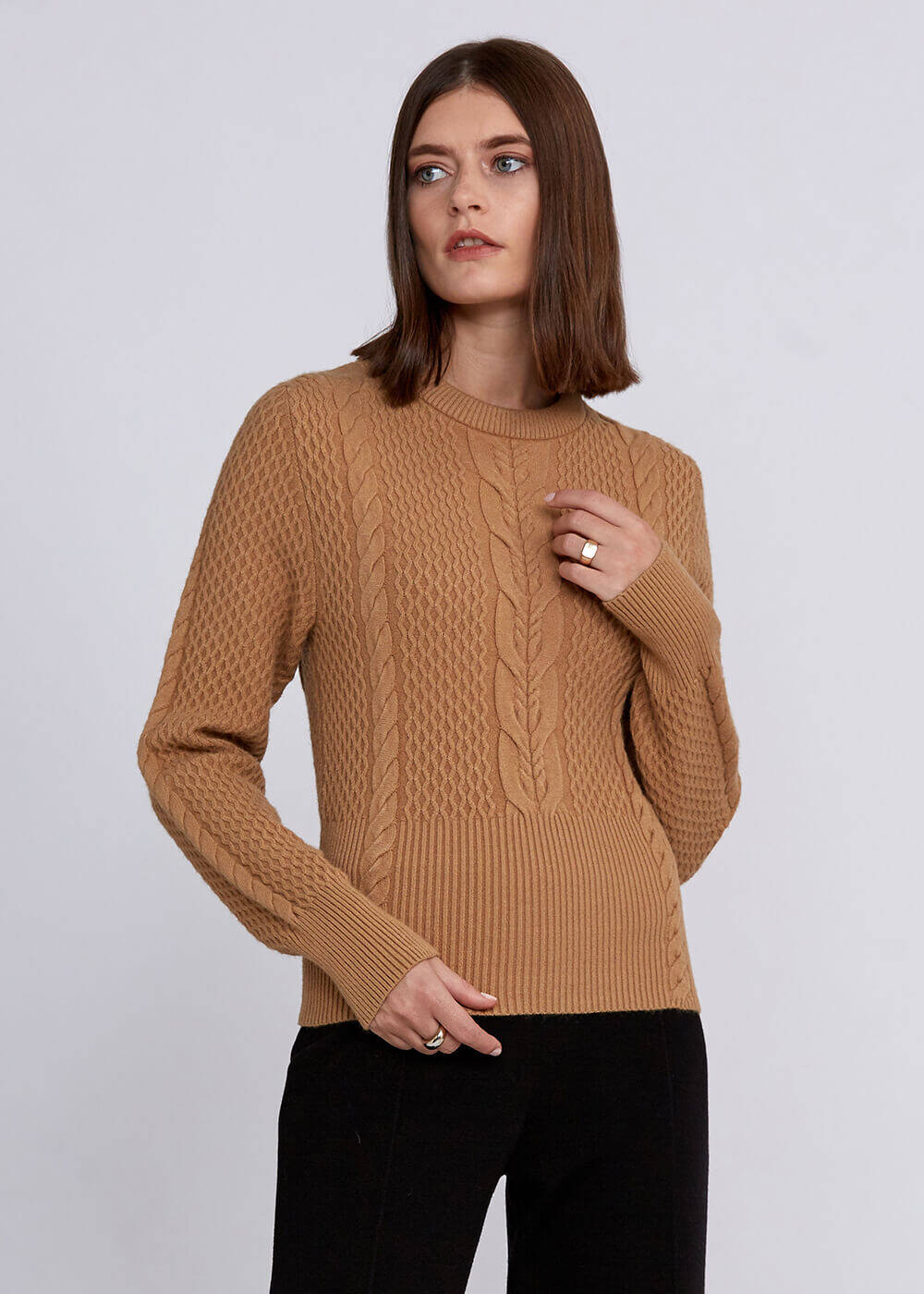Cable Pattern Camel Crew Neck Knit Top - 1
