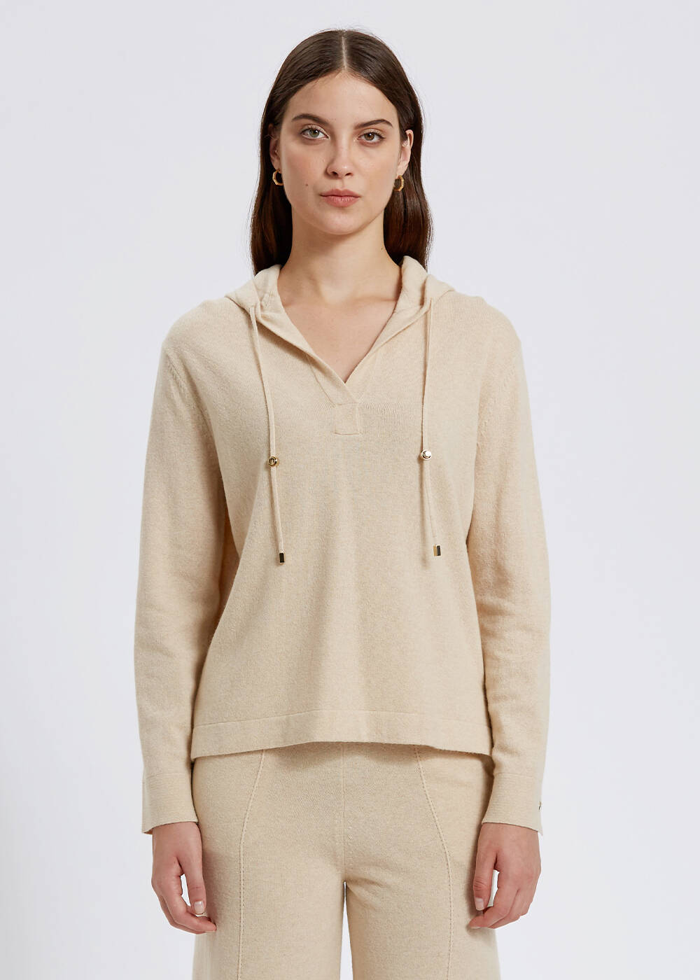 Cashmere Bled Hooded Beige Knit Sweater - 1