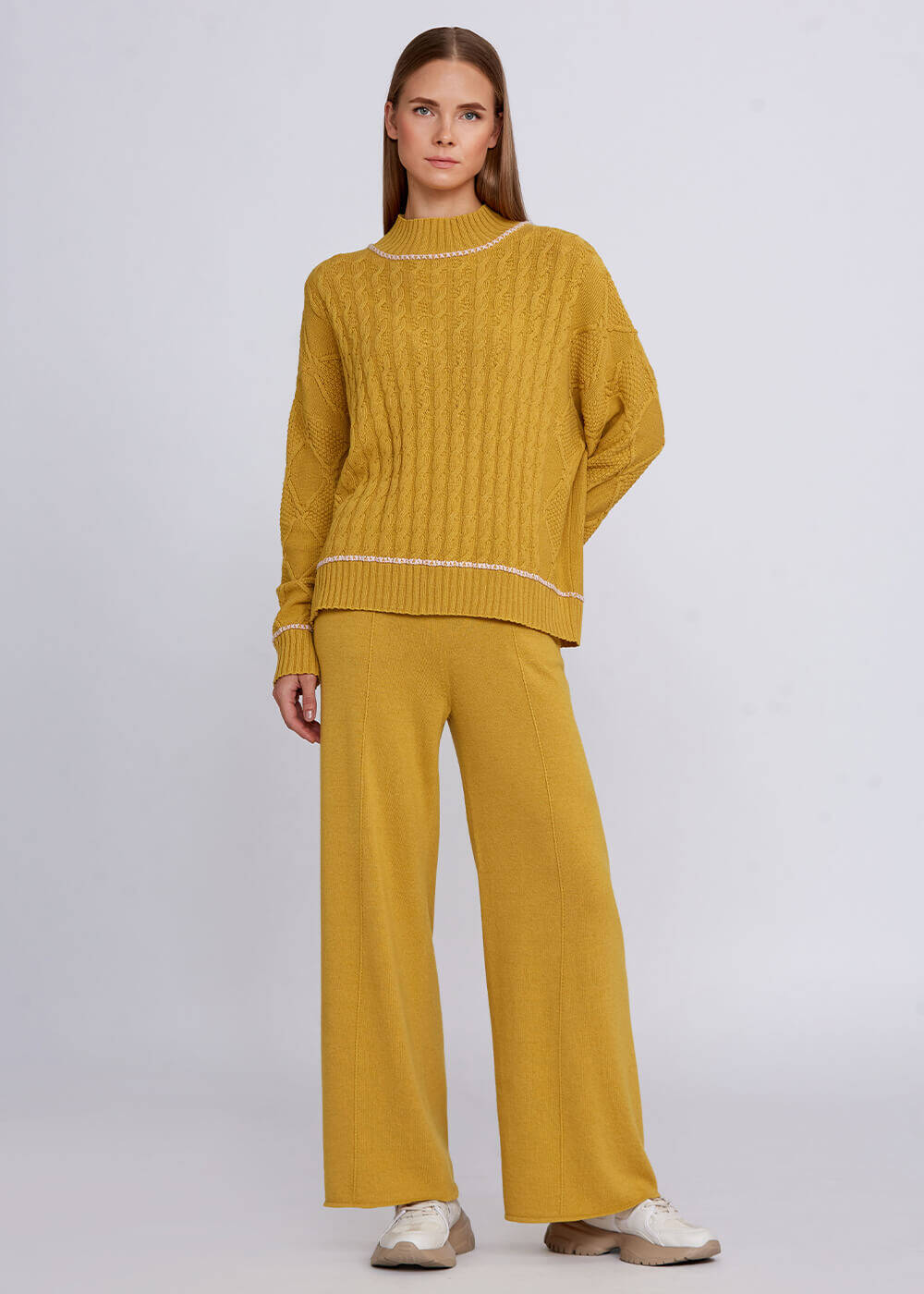 Cashmere Blend Cable Detailed Mustard Knit Sweater - 2
