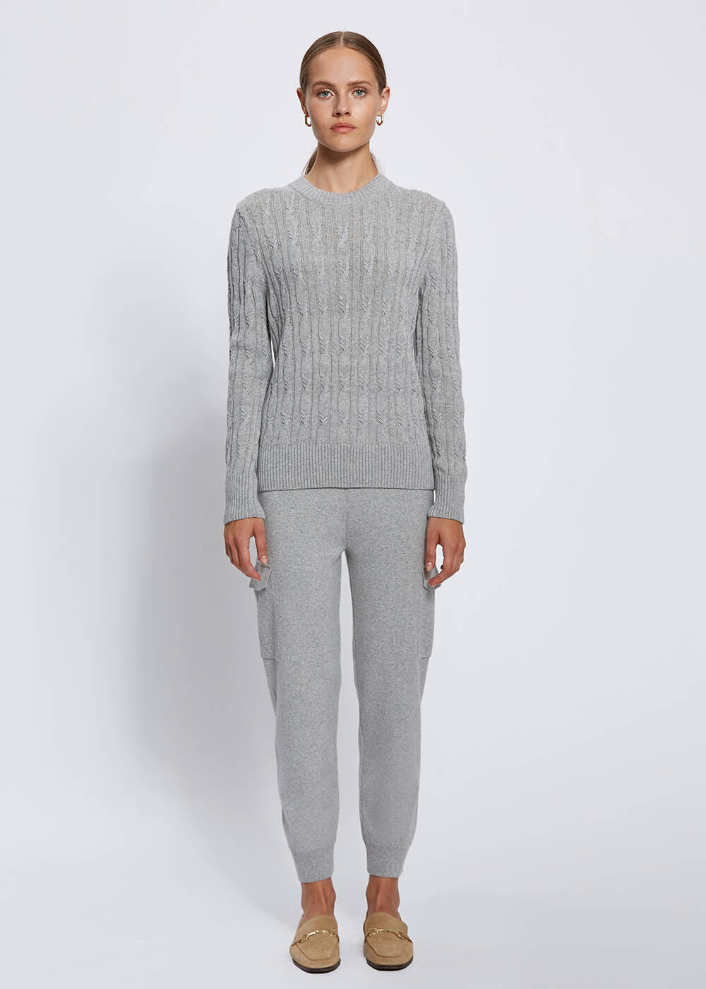 CASHMERE BLEND CABLE GREY KNIT SWEATER - 2