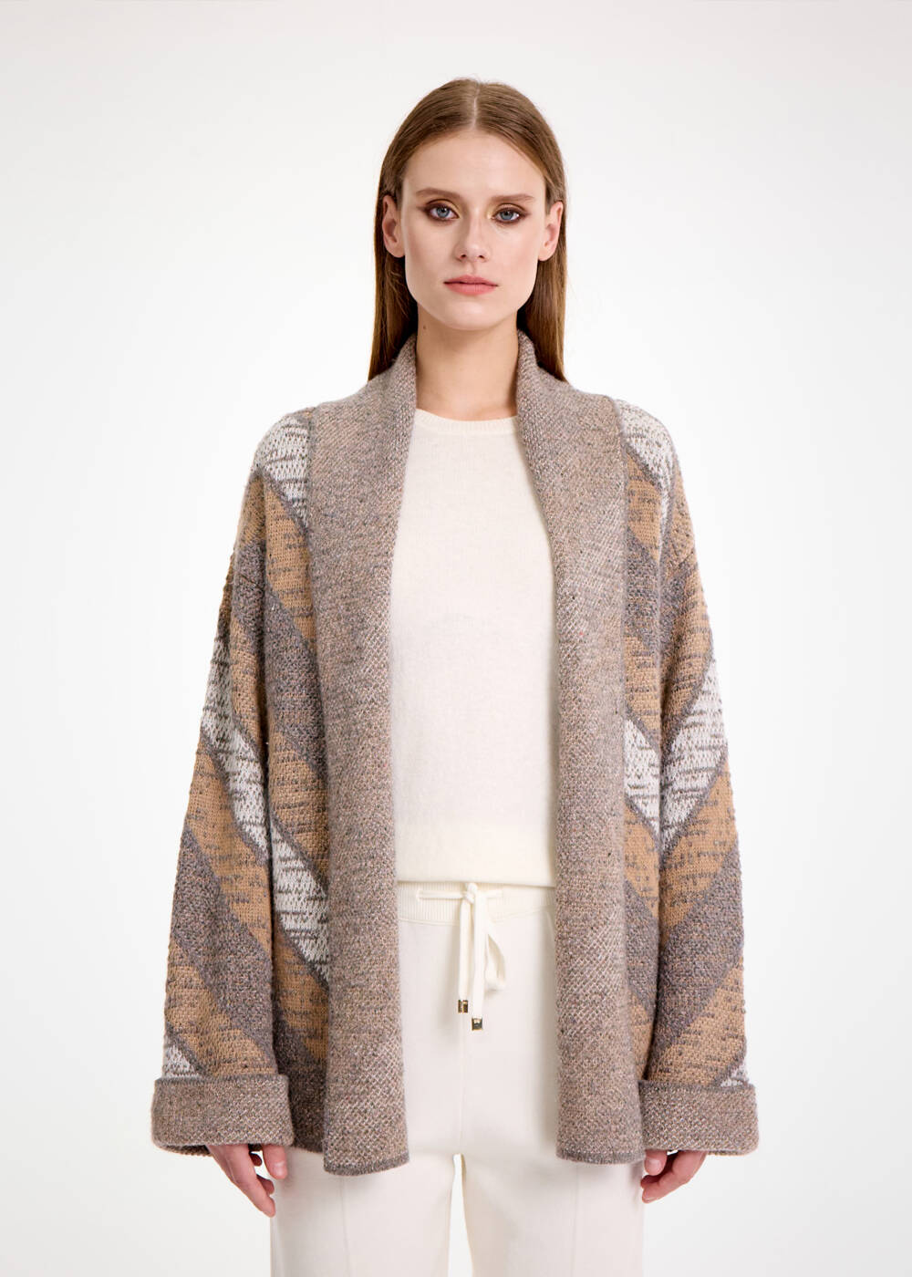 CASHMERE BLEND CAMEL GREY KNIT CARDIGAN - 1