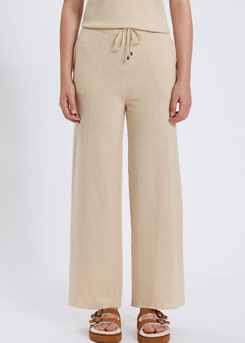 Cashmere Blend Drawstring Beige Knit Pant - 2