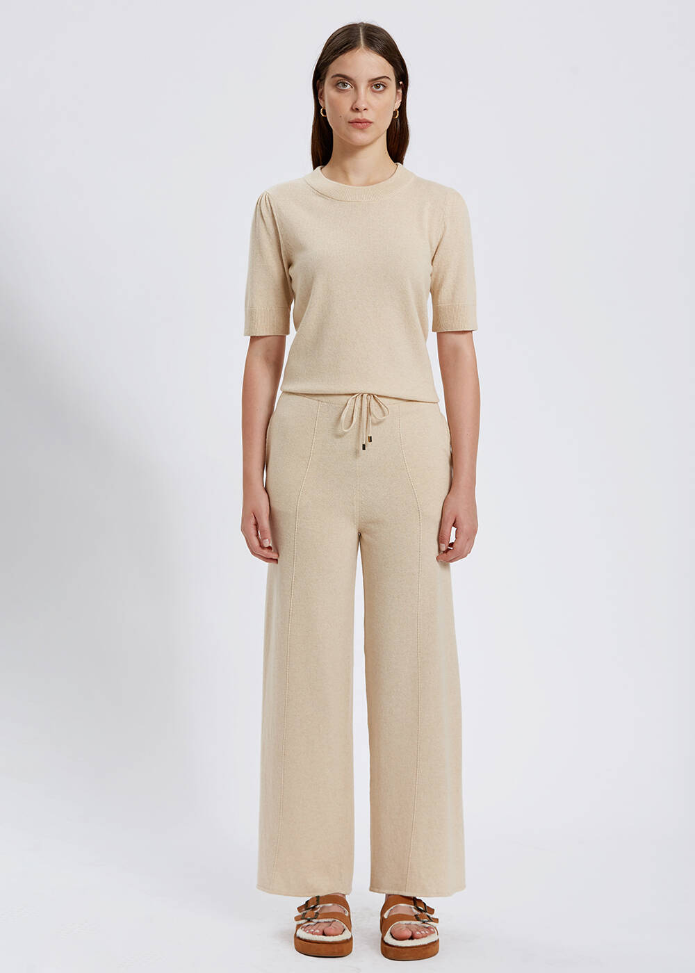 Cashmere Blend Drawstring Beige Knit Pant - 1