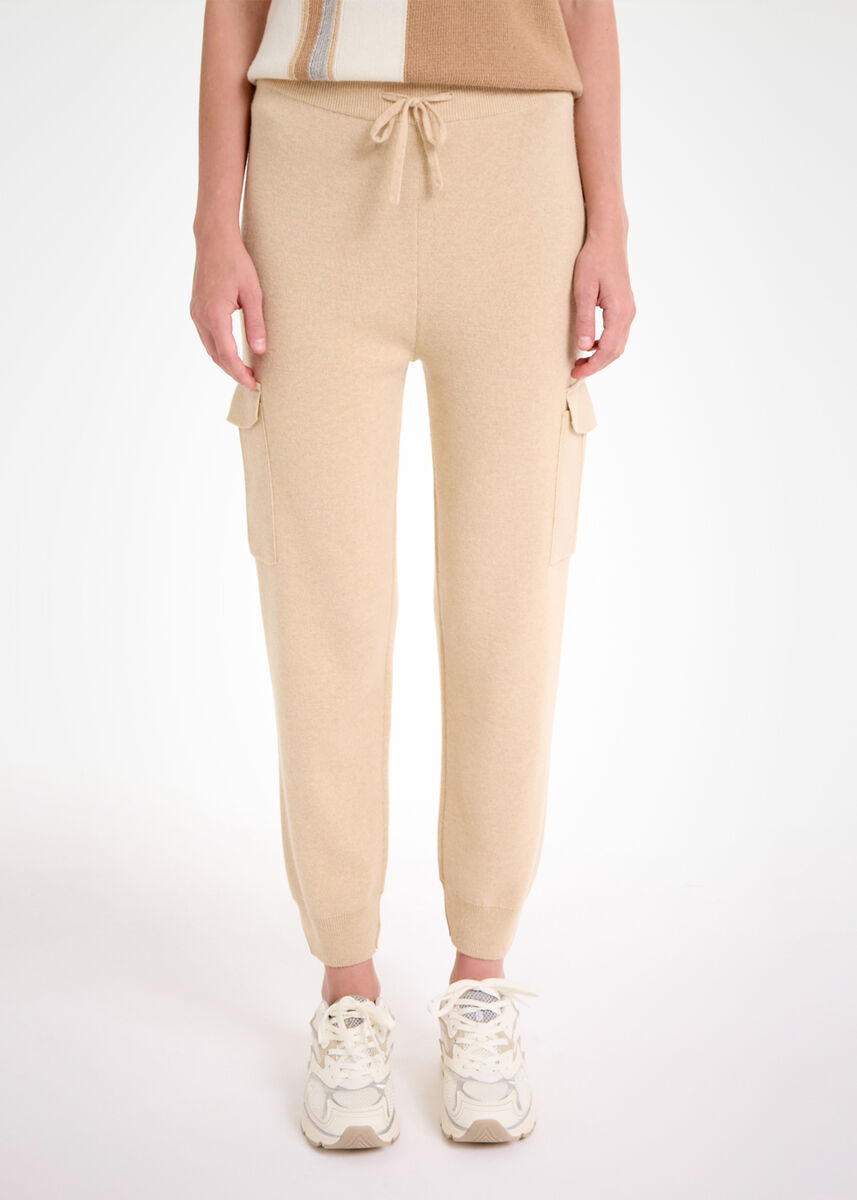 CASHMERE BLEND LATTE CARGO KNIT PANTS - KNITSS