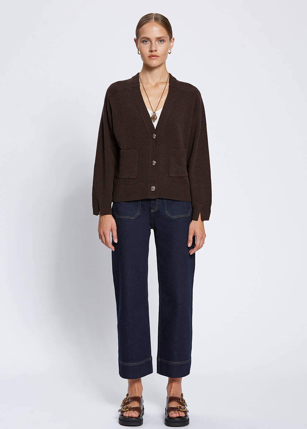 Cashmere Blend Pocket Detailed Dark Brown Knit Cardigan - 2