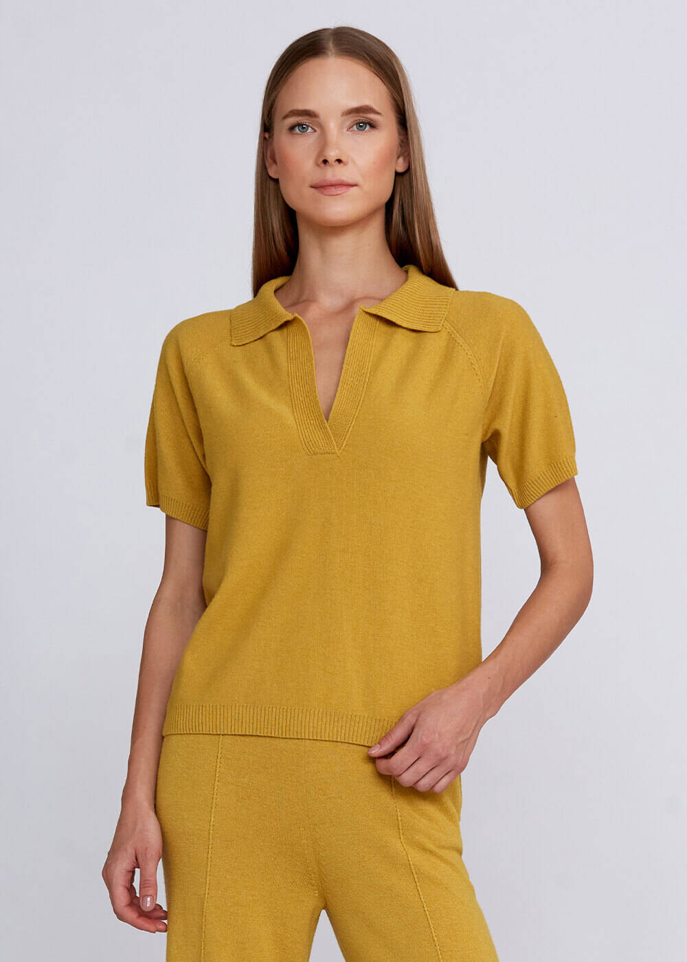 Cashmere Blend Polo Neck Mustard Knit Top - 1