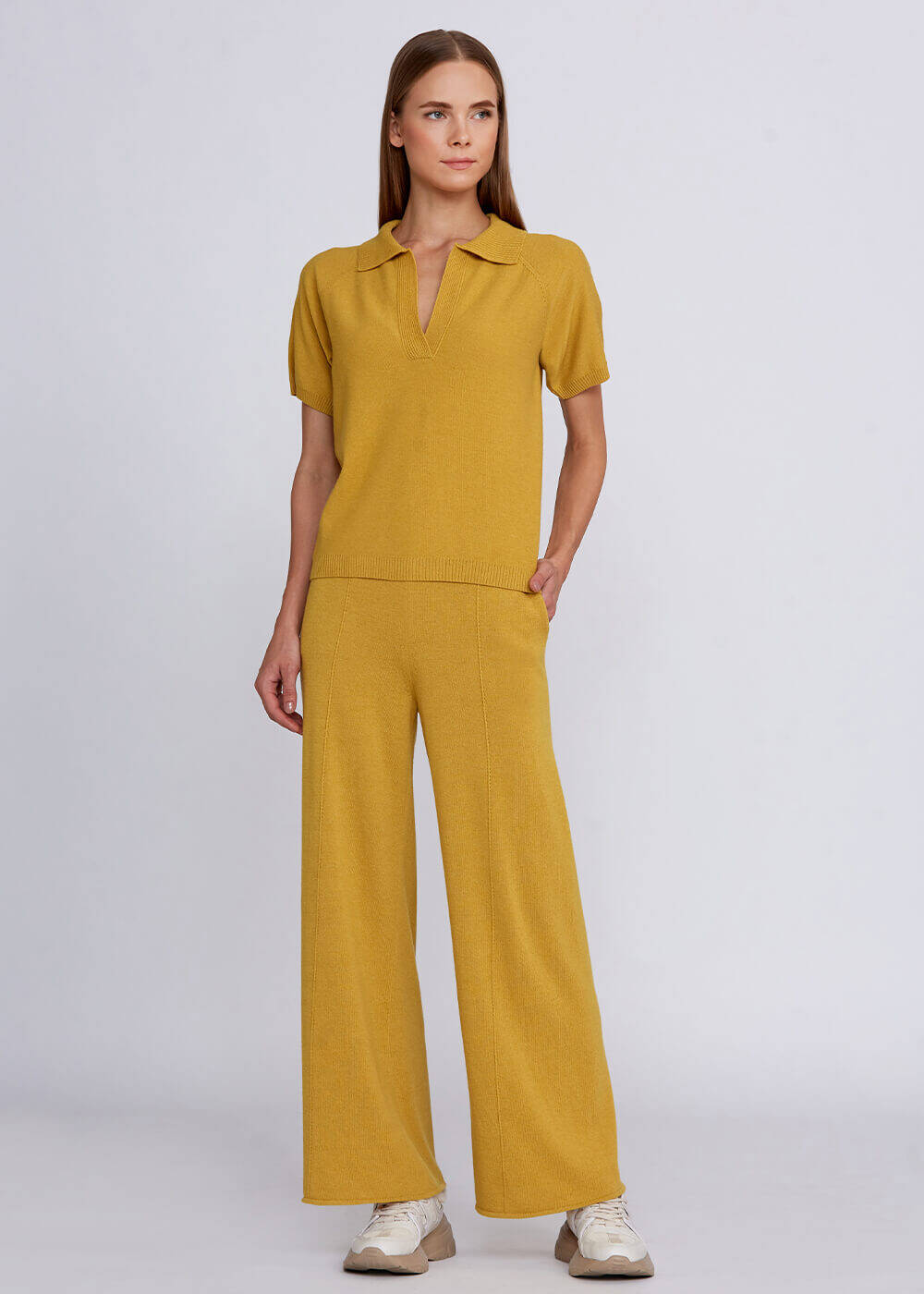 Cashmere Blend Polo Neck Mustard Knit Top - 2