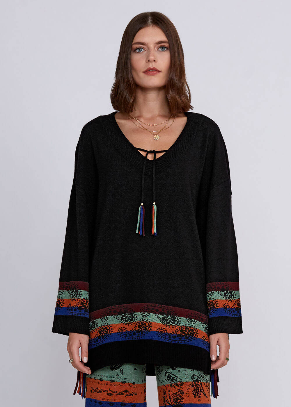 Cashmere Wool Blend V Neck Black Knit Tunic - 1