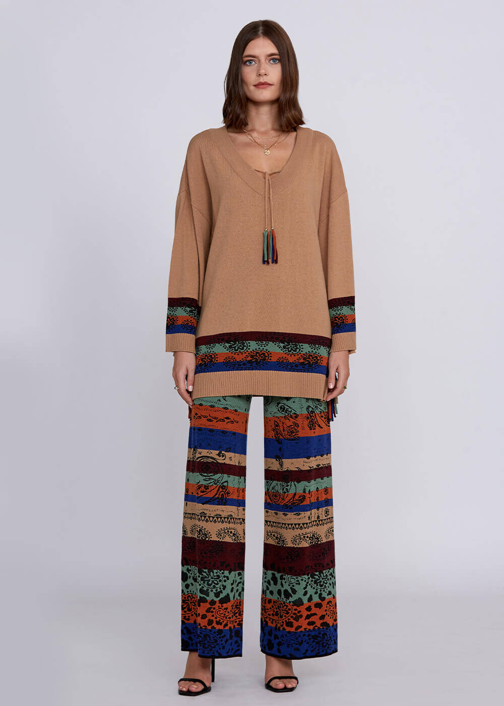 Cashmere Wool Blend V Neck Camel Knit Tunic - 2