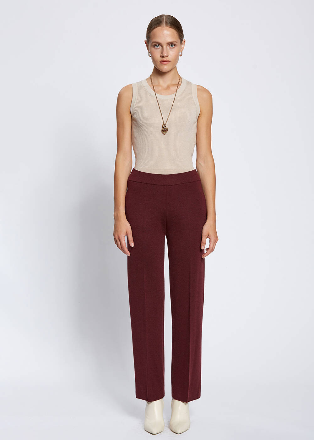 Cep Detaylı Bordo Merino Yün Triko Pantolon - 1
