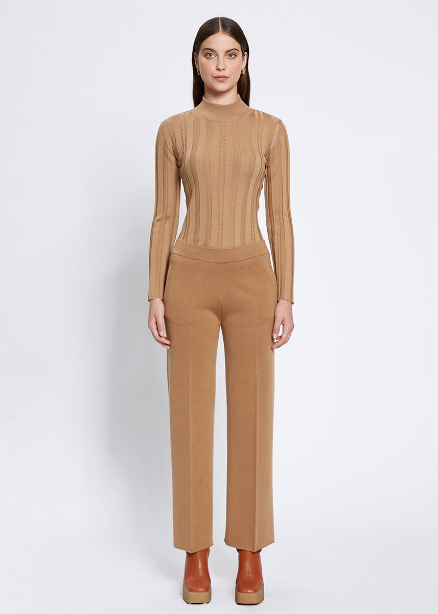 Cep Detaylı Camel Merino Yün Triko Pantolon