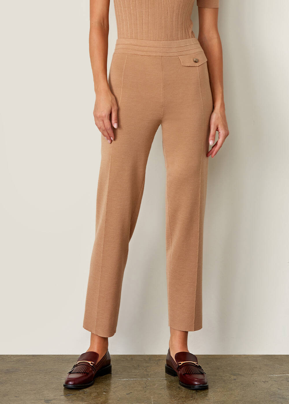 Cep Detaylı Merino Yün Camel Triko Pantolon - 1