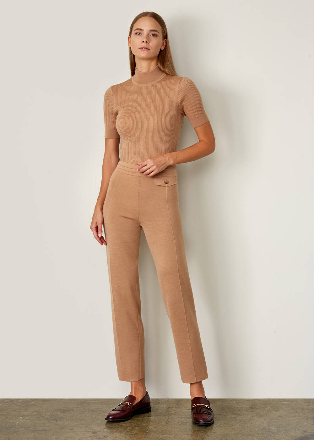 Cep Detaylı Merino Yün Camel Triko Pantolon - 2