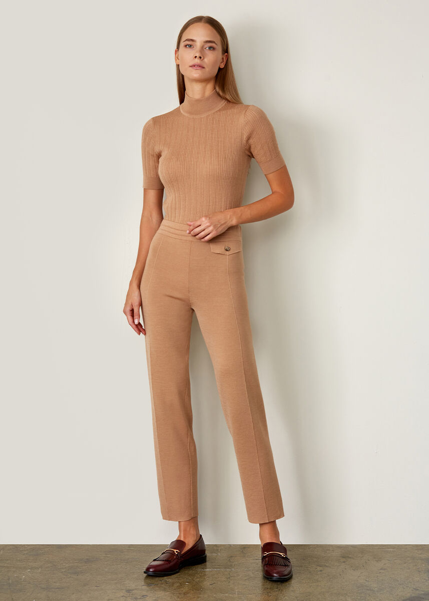 Cep Detaylı Merino Yün Camel Triko Pantolon · 2