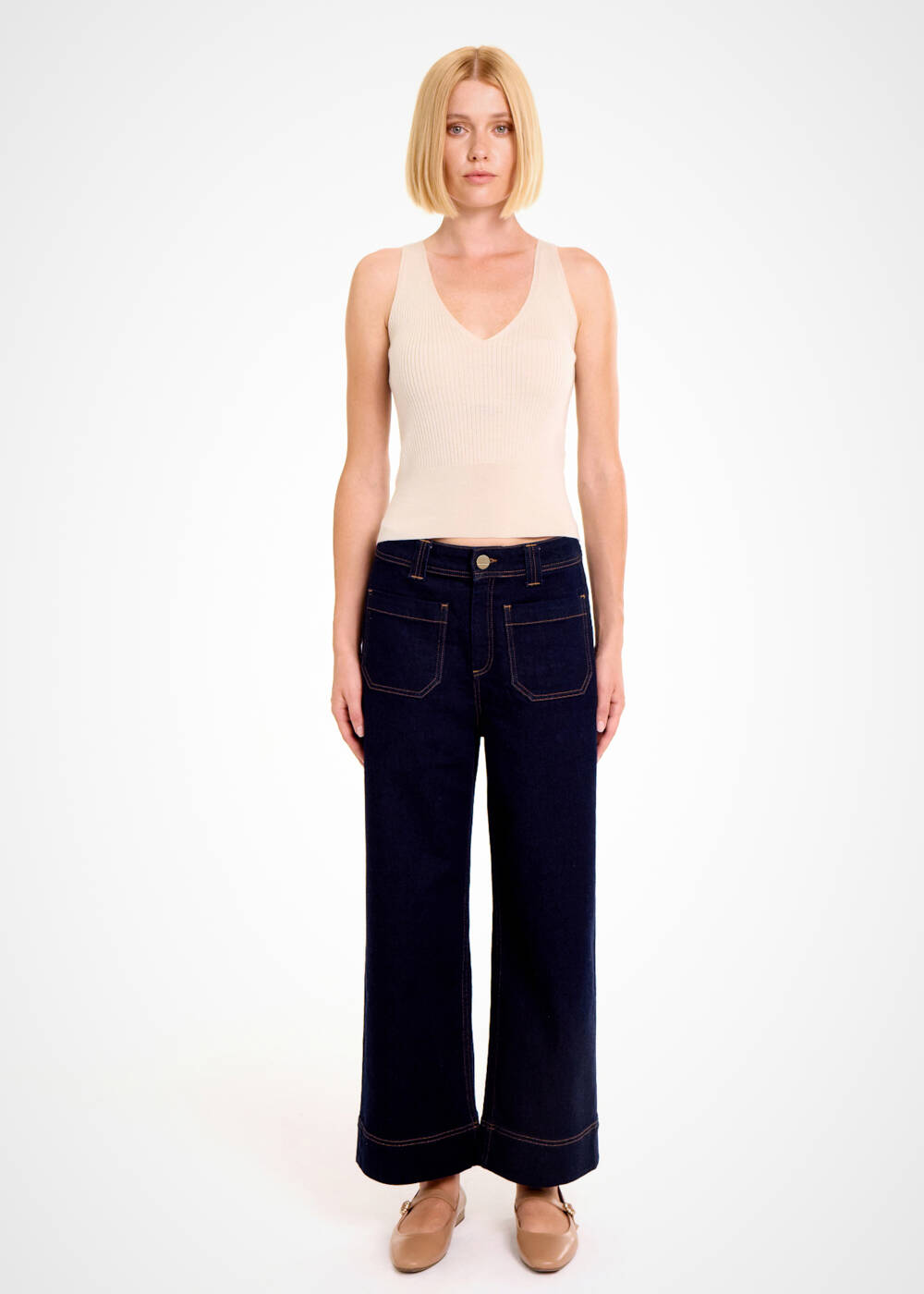 Cepli Geniş Paça Crop Denim Pantolon - 2