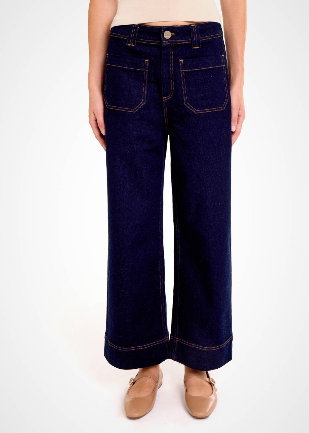 Cepli Geniş Paça Crop Denim Pantolon - 1