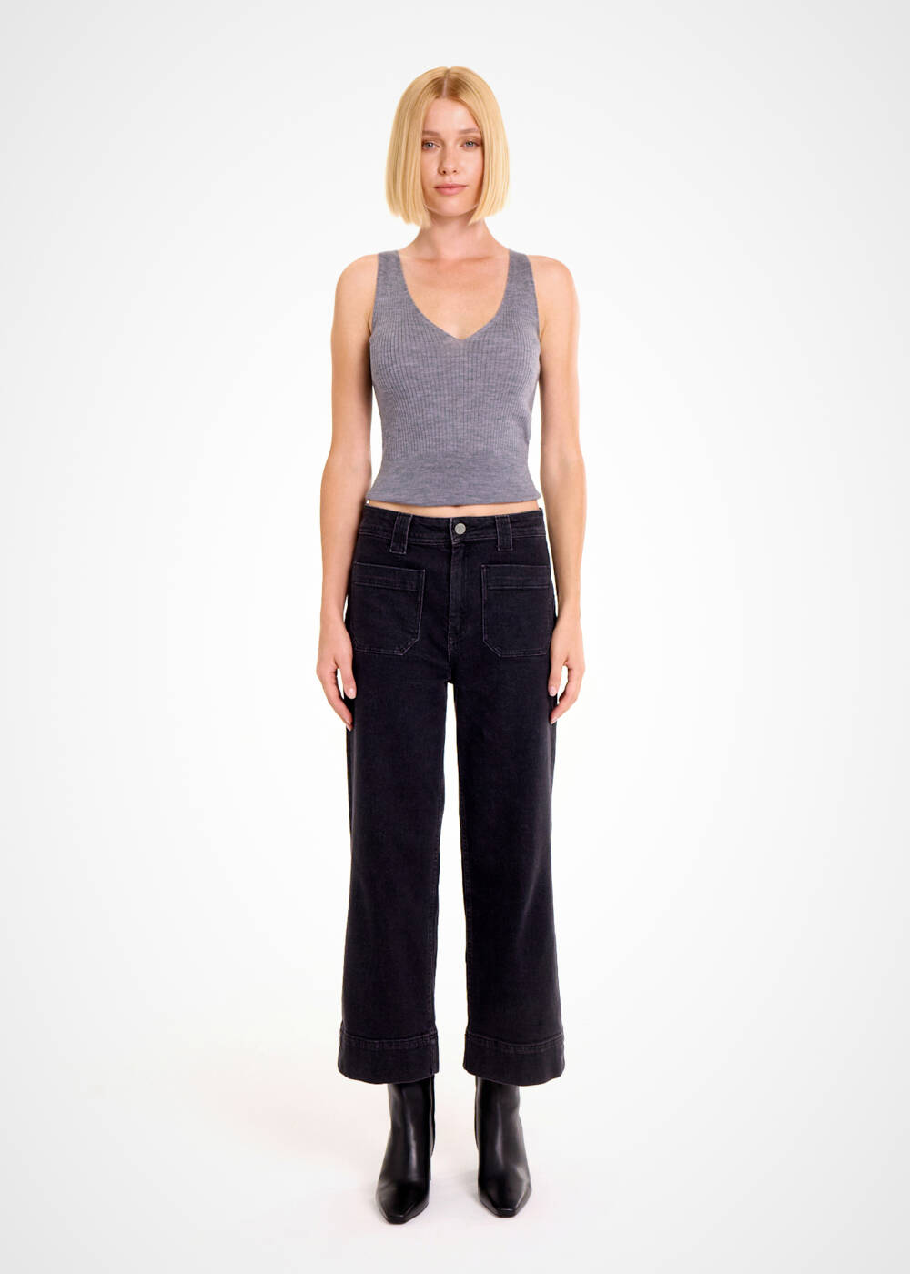 Cepli Geniş Paça Crop Denim Pantolon Gri - 2