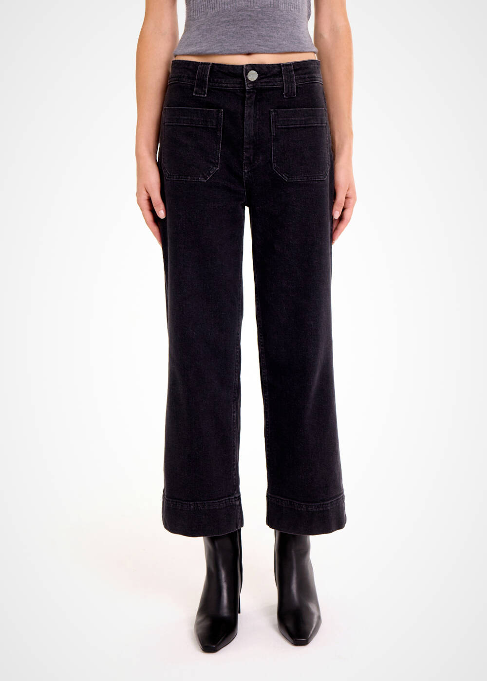 Cepli Geniş Paça Crop Denim Pantolon Gri - 1