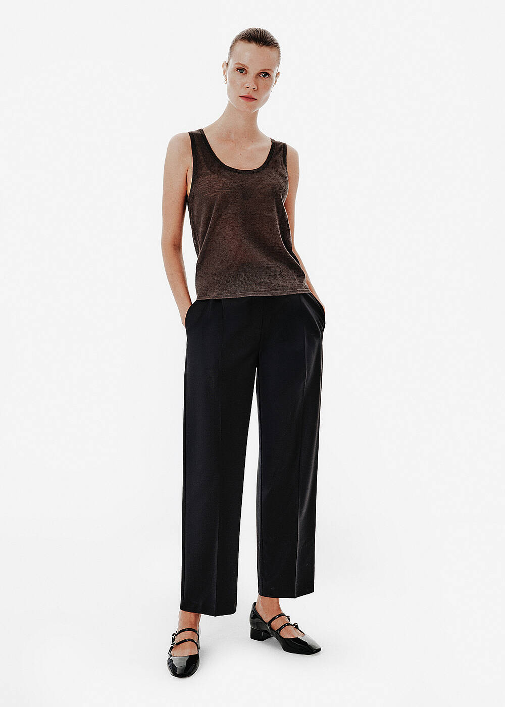 Cigarette Fit Pleat-Detail Black Pants - 1