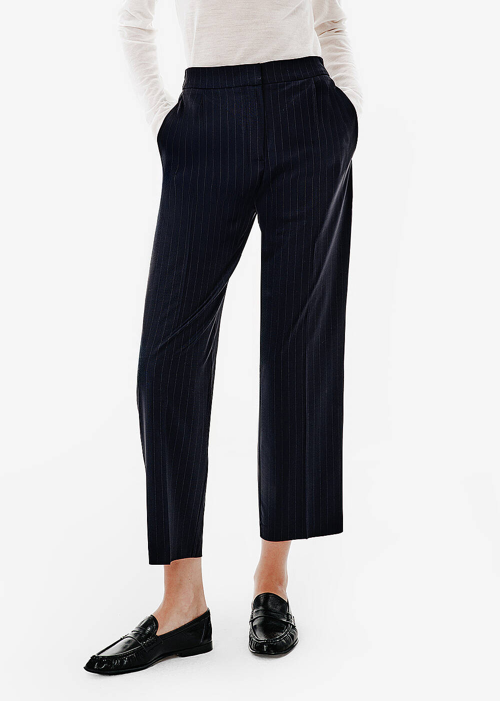 Cigarette Fit Pleat-Detail Navy Pants - 2