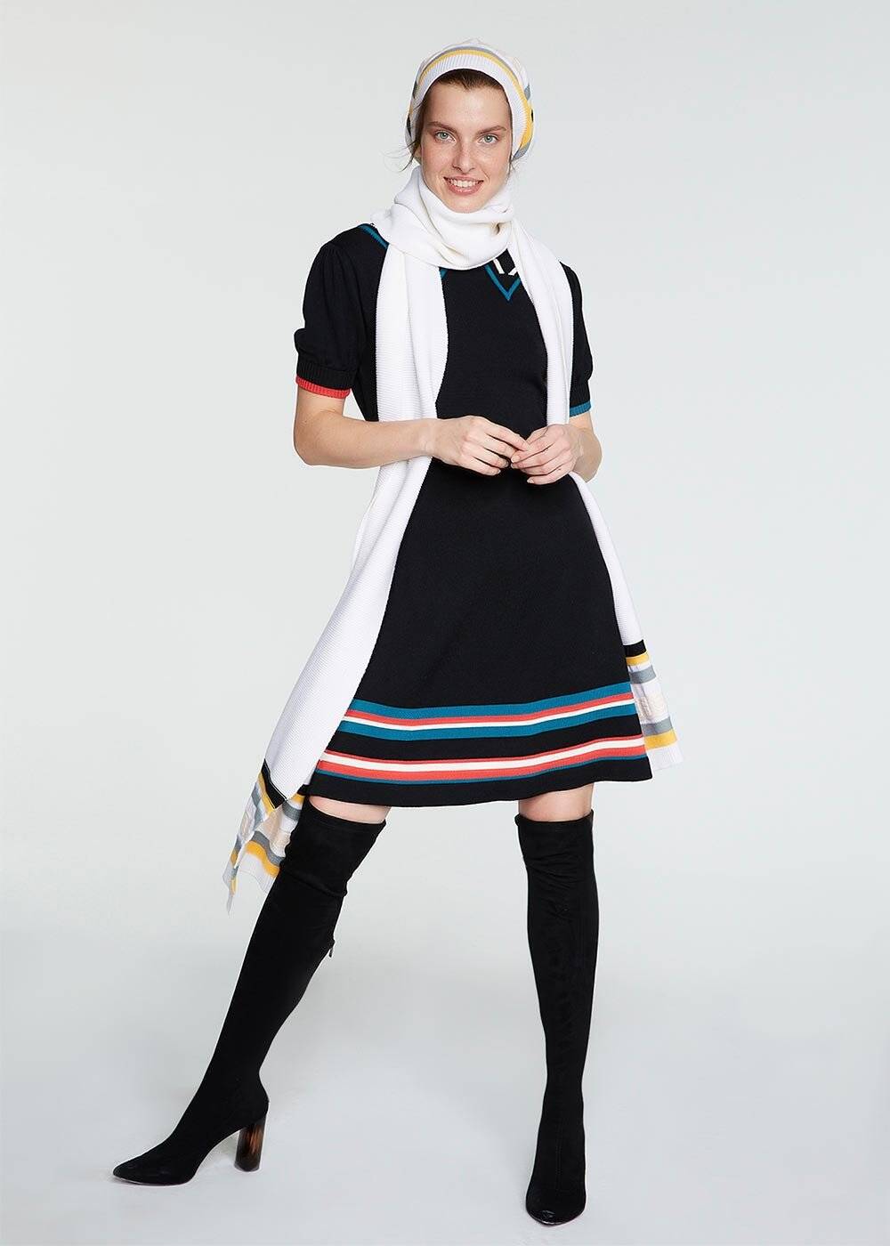 Çizgili Ekru-Pudra Yün Örgü Şapka - 2