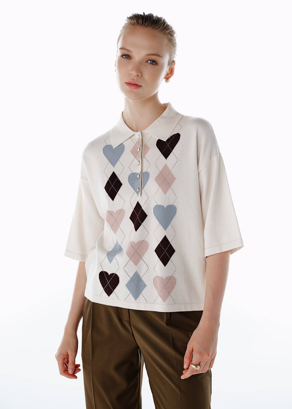 CLOUD HEARTED ARGYLE PATTERNED KNIT TOP - 1