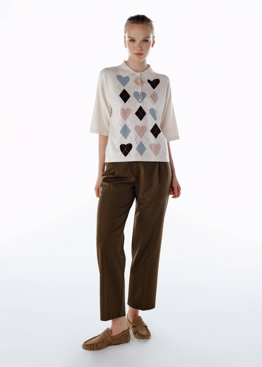 CLOUD HEARTED ARGYLE PATTERNED KNIT TOP - 2