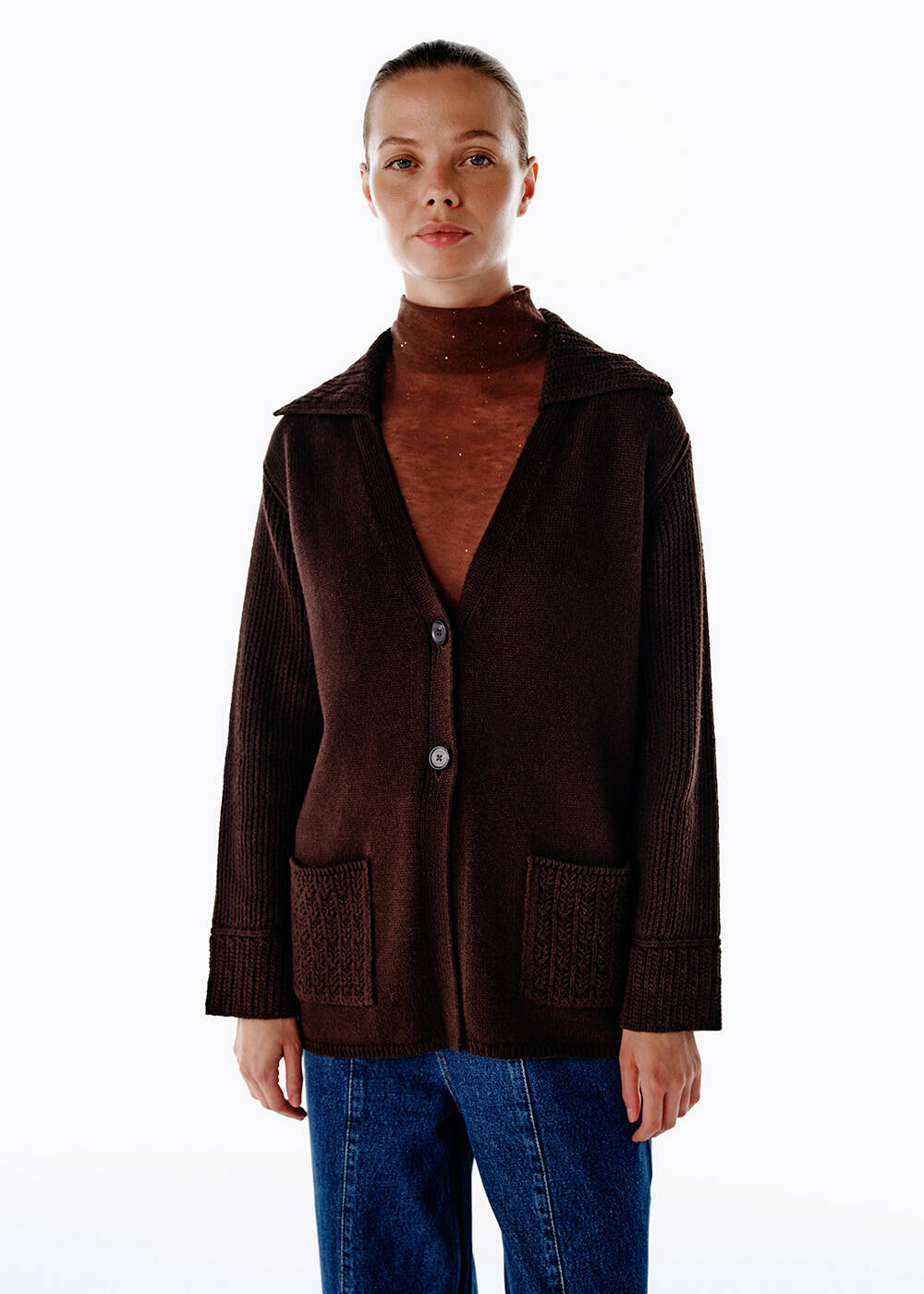 COFFEE ORGANIC COTTON CASHMERE BLEND KNIT CARDIGAN - 1