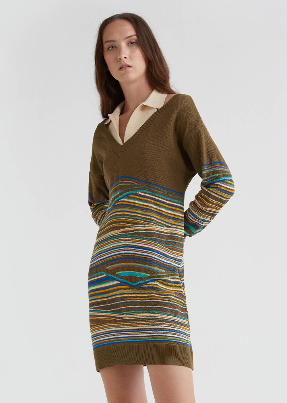 Collar Detailed Striped Khaki Mini Knit Dress - 1