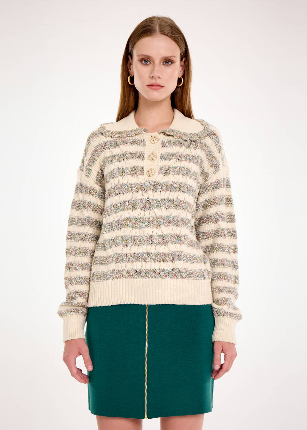 COLLAR DETAILED TEXTURE CABLE SWEATER - 1
