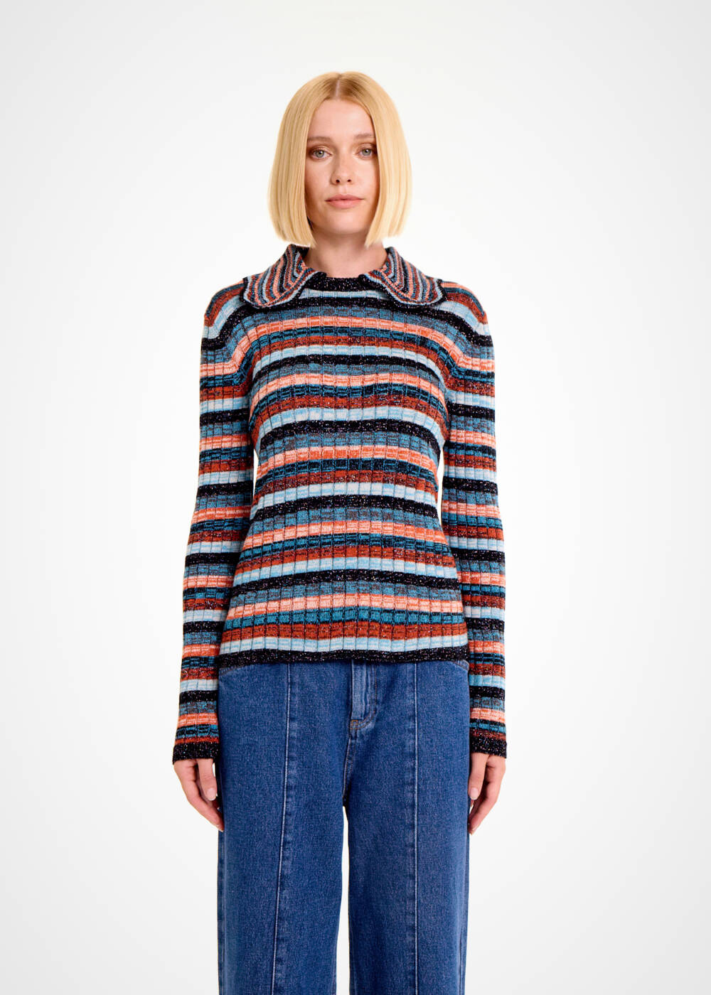 COLOR BLOCK DETACHABLE COLLAR TEAL SWEATER - 1